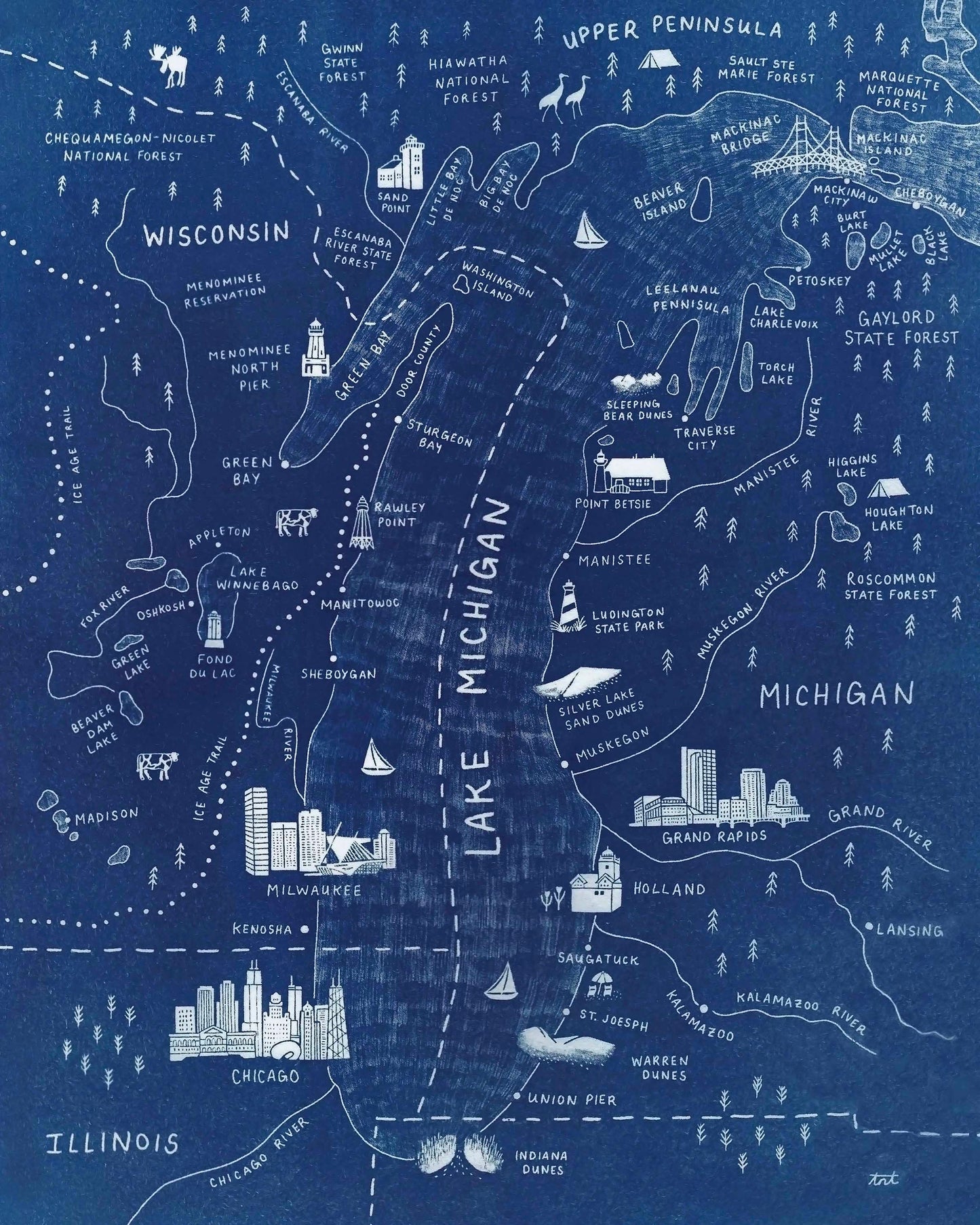 Cyanotype Map of Lake Michigan